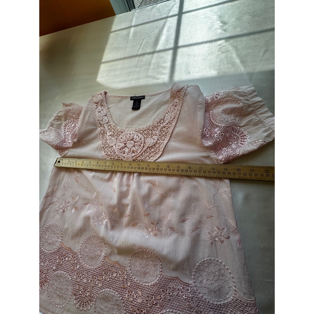 Lauren Michelle Pink Cotton Embroidered Crochet Lace Blouse Top Medium - Picture 3 of 6